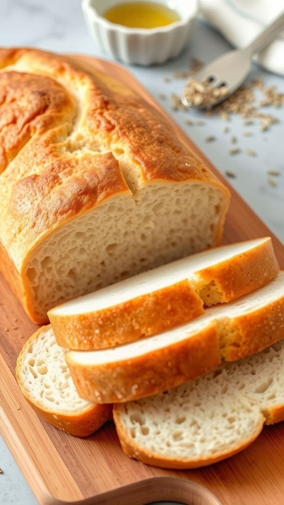 Gluten-Free Sandwich Bread Recipe A loaf of gluten-free sandwich bread, sliced to show its soft texture, on a wooden board with olive oil.
